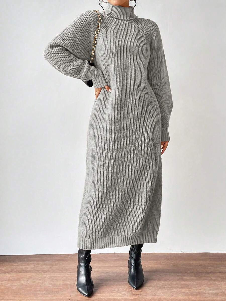SHEIN Clasi Plain High Neck Raglan Sleeve Sweater Dress - Light Grey - View 1