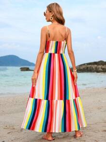 SHEIN VCAY 彩虹條紋渡假風格女士細肩帶連衣裙 - 彩色 - 查看 3