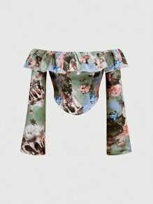 SHEIN Unity Women's Angel Print Off Shoulder Blouse - Multicolor - View 1