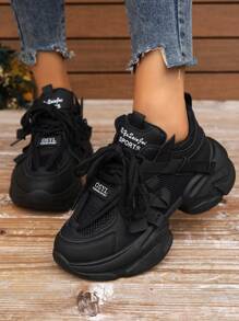 Women's Solid Color Thick Soled Athletic Shoes With Front Lace-Up, Black Sports Shoes Decorated With Tennis Woven Straps For Outdoor Activities