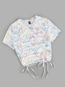 Flirla Plus Size Allover Print Drawstring Ruched T-Shirt For Summer - White - View 3