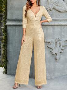 Double Crazy Women's Fashionable Party Sequin Wide Leg Jumpsuit - Champagne - View 3