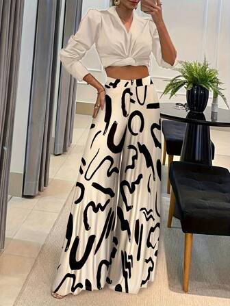 Elegant Geometric Print Loose Fit Wide Leg Pants, Fashion Long Trousers For Spring/Summer