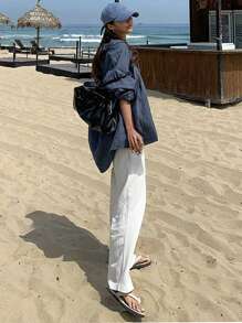 DAZY Women'S Long Sleeve Button Up Shirt Linen Preppy Tops Fall - Blue - View 2