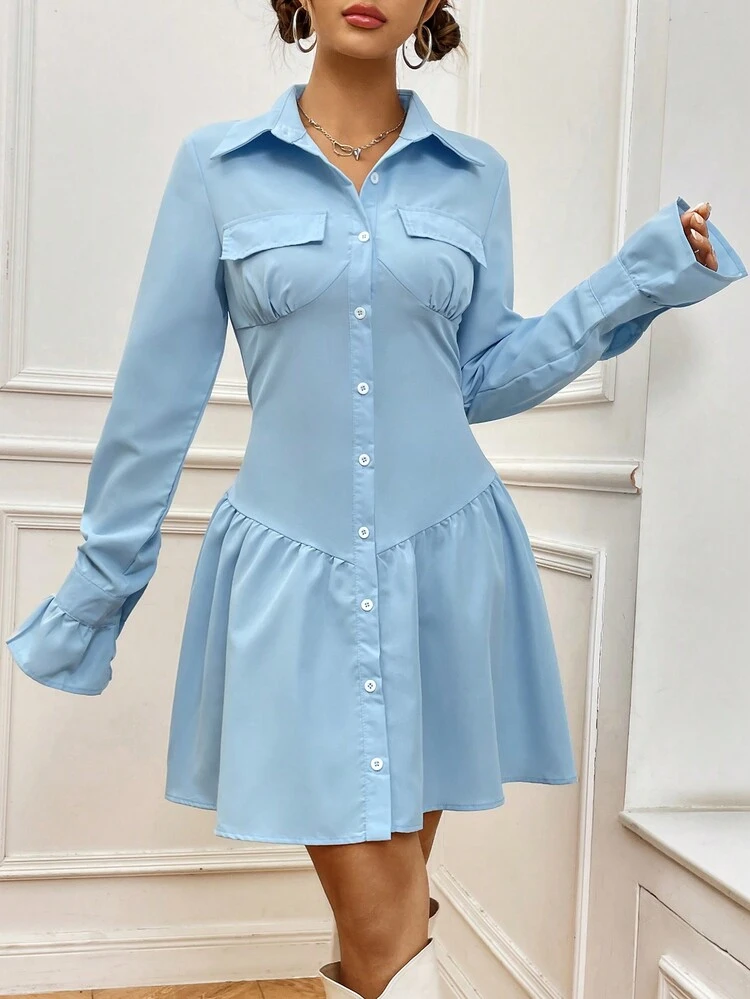 Ladies' Solid Color Button Up Waist-Cinching Ruffle Hem Long Sleeve Dress Fall Cloth For Women