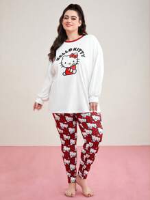 HELLO KITTY AND FRIENDS | SHEIN Plus Comfortable Cute Casual Loose Hello Kitty Print Long Sleeve Top And Pants Pajama Set - Multicolor - View 5