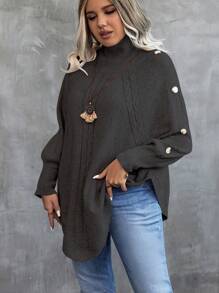 Calvaya Women's Plus Size Button Decorated Turtleneck Sweater Knit Pullover Fall Winter Autumn - Black - View 3