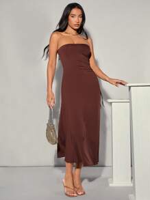 SHEIN BAE High Split Strapless Dress - Brown - View 4