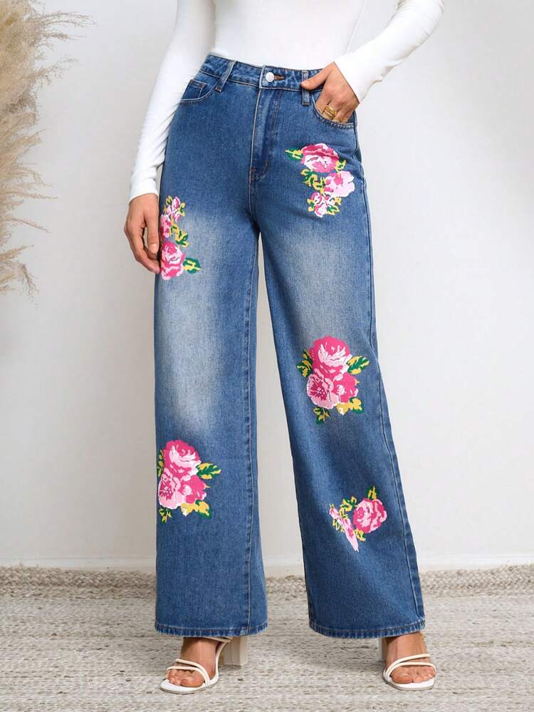 Women's Wide Leg Jeans With Flower Print