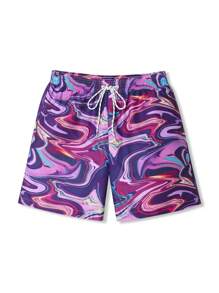 Manfinity VDAYZ 1pc Men's Marble Printed Drawstring Waist Beach Shorts Couples Matching Swimwear Vacation,Hawaiian - Multicolor - View 7