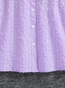 年轻女孩时尚休闲格子泡泡短袖连衣裙，翻领、口袋和领带，适合旅行、度假、派对、夏装 - 紫色 - 查看 3