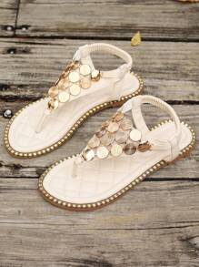 2024新款春/夏時尚彈性後掛帶金屬裝飾扣和腳趾環涼鞋,適用於假期和海灘,米色 - 米色 - 查看 1