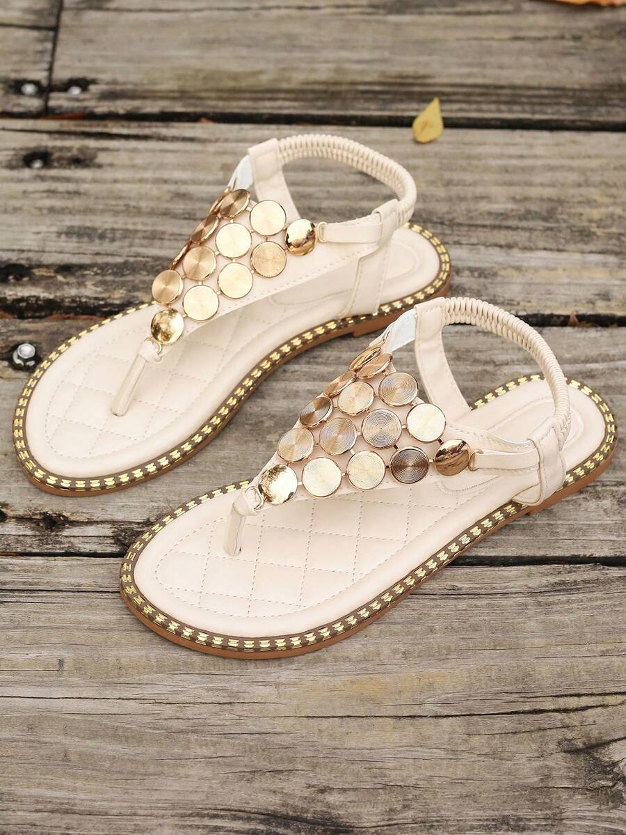2024新款春/夏時尚彈性後掛帶金屬裝飾扣和腳趾環涼鞋,適用於假期和海灘,米色 - 米色 - 查看 1