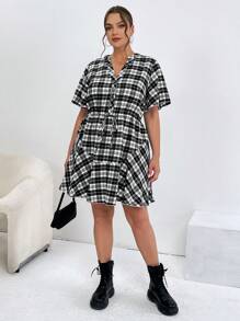 SHEIN Essnce Women's Summer Plus Size Loose Fit Plaid Shirt Dress With Drawstring Waist And Notch Neckline
