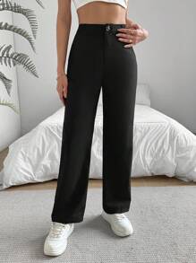 SHEIN LUNE Pantalones De Traje Rectos Y Sólidos - Negro - Ver 4