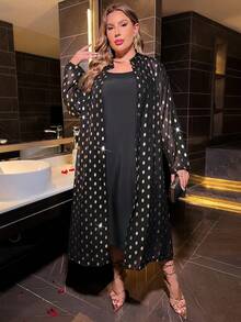 SHEIN Clasi 女士大碼純色細肩帶連身裙和金色圓點印花外套二件套裝 - 黑色 - 查看 4