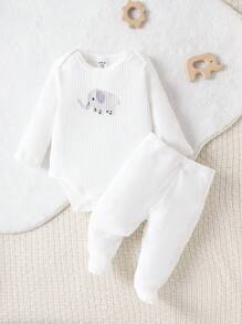 嬰兒男童長頸鹿和象子印花睡衣套裝 - 白色 - 查看 4
