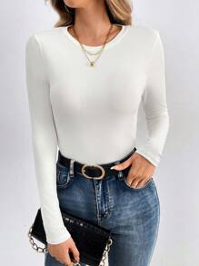 SHEIN Tall 女式側開衩純色圓領長袖t卹 - 白色 - 查看 4