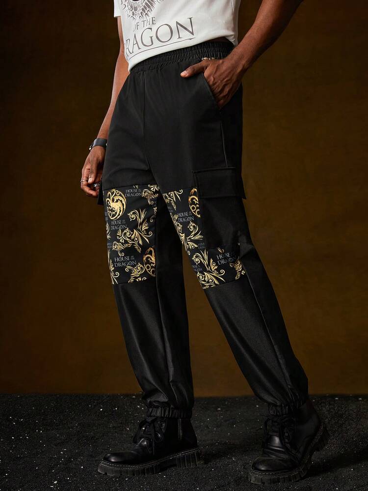 Men Elastic Waist Letter Print Pants
