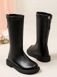 Girls' Solid Color Soft Pu Leather Knee-high Boots With Back Zipper - Black - View 4