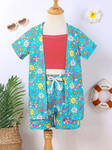 SHEIN Toddler Girls' Casual Cartoon Printed Vacation Style Outfit For Summer - Mint Blue - View 1