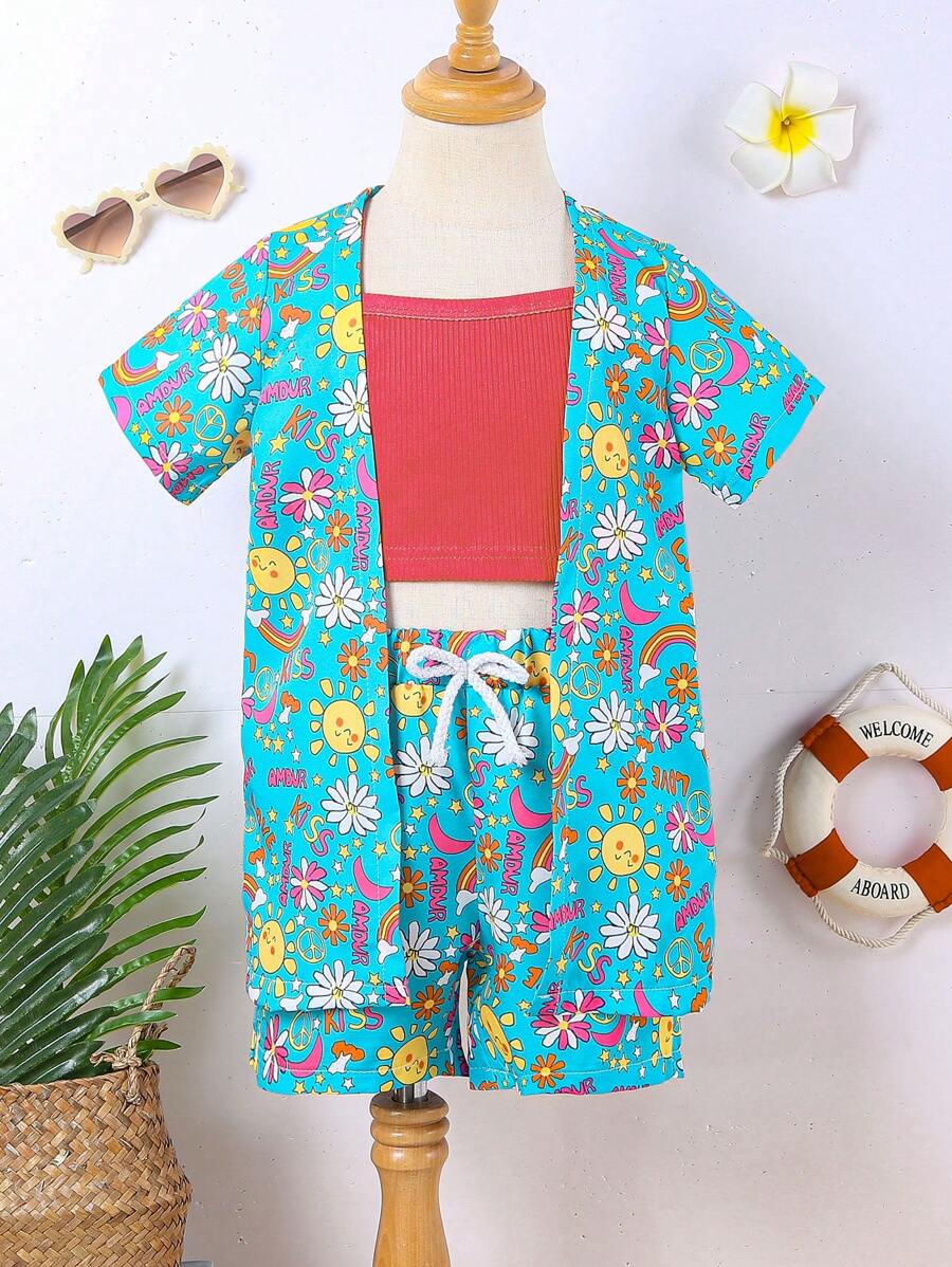 SHEIN Toddler Girls' Casual Cartoon Printed Vacation Style Outfit For Summer - Mint Blue - View 1