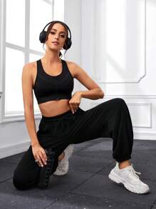 SHEIN Sports 女士純色束口褲,帶有彈性袖口 - 黑色 - 查看 5
