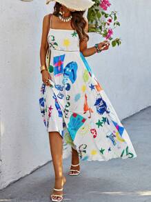 SHEIN Holidaya Seabed Animal Print Spaghetti Strap Dress Maxi Women Outfit - White - View 8
