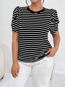 SHEIN Essnce Camiseta de manga abullonada a rayas para uso diario y casual para talla grande en verano