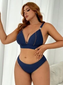 SHEIN Swim Curve Plus Size Women's Contrast Stitching Body-Separate Bikini Set Summer Beach - Blue - View 4