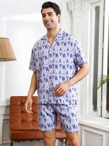Men's Letter Printed Short Sleeve Homewear Set - Multicolor - View 4