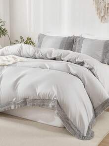 3pcs/Set Gray Fringe Mesh Polyester Bedding Set - Grey - View 6
