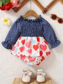 Baby Girl Casual Color Block Heart Print Long Sleeve Bodysuit