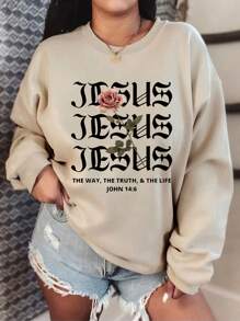 SHEIN LUNE Plus Size Thermal Lined Drop Shoulder Sweatshirt With Slogan Print - Apricot - View 1