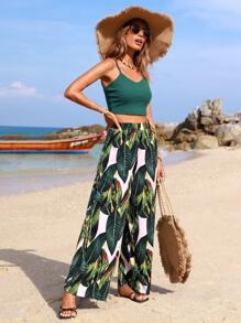 SHEIN VCAY 夏季海滩女式纯色吊带背心和植物印花裤两件套 - 綠色 - 查看 4