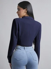 SHEIN PETITE Women's Single Button Cropped Blazer - Navy Blue - View 2