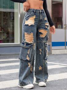 SHEIN ICON Distressed Denim Overalls Wide Leg Pants - Medium Wash - View 3