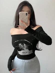 DAZY Women's Slim Fit Pleated Off Shoulder Letter Print T-Shirt Going Out Tops,Fall Clothes,Back To School Clothes Long Sleeve Women Tops - Black - View 1