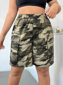 SHEIN EZwear Pantaloni Utility Con Tessuto A Camouflage Verde Per Escursioni All'aperto Taglie Forti Con Tasche Multiple Per L'estate - Multicolore - Visualizzare 5