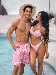 Manfinity VDAYZ Men's Zebra Stripe Beach Shorts With Diagonal Pockets - Pink - View 1