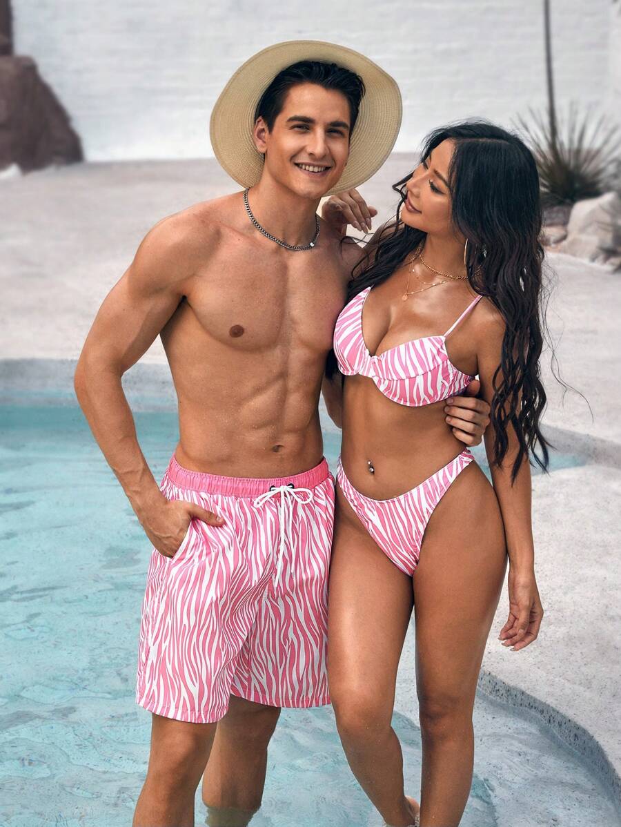 Manfinity VDAYZ Men's Zebra Stripe Beach Shorts With Diagonal Pockets - Pink - View 1