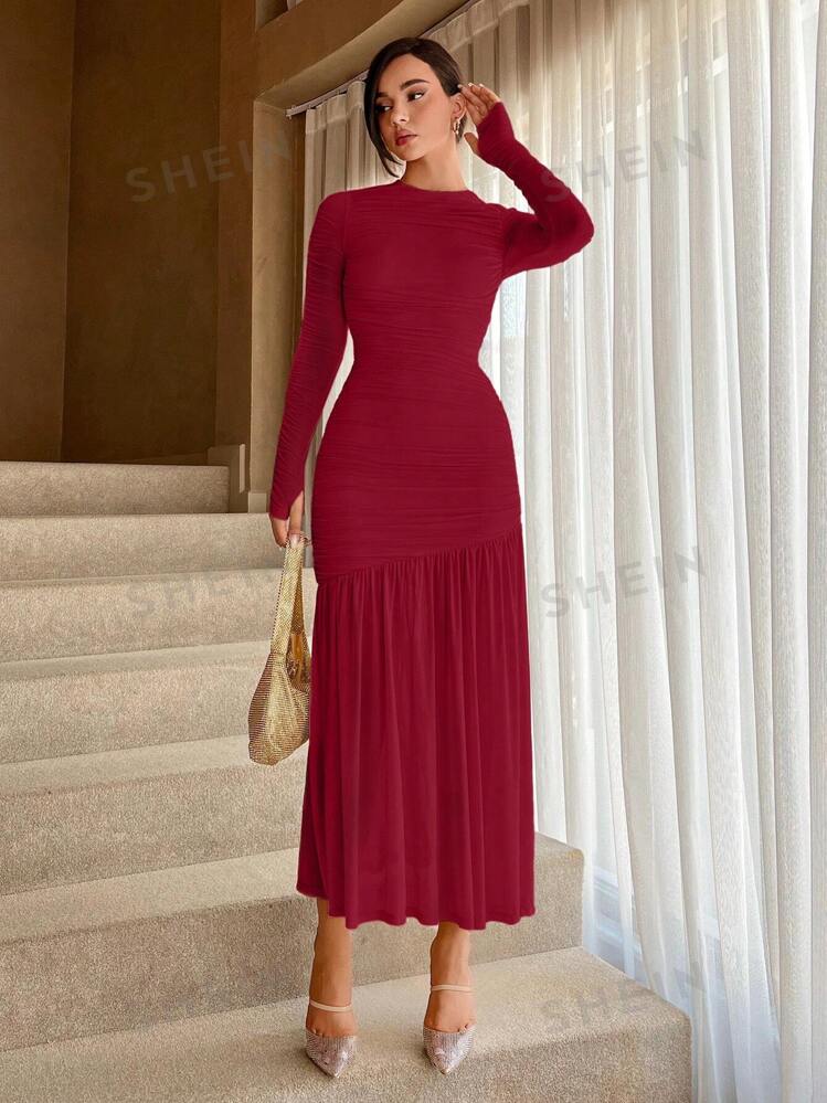 Round neck plain maxi dress sales