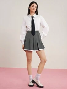 HELLO KITTY AND FRIENDS | SHEIN Letter Embroidered Waist Pleated Skirt - Grey - View 4