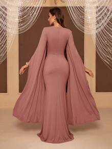 SHEIN Belle Brautjungfer-Kleid für Erwachsene mit weiten Ärmeln, quadratischem Ausschnitt, Taille und Fischschwanz, elegantes langes Ärmel Abendkleid für formelle Anlässe, Hochzeitsgast, Abschlussball, Dinner - Altrosa - Übersicht 2