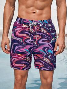 Manfinity VDAYZ 1pc Men's Marble Printed Drawstring Waist Beach Shorts Couples Matching Swimwear Vacation,Hawaiian - Multicolor - View 5