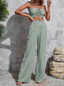 SHEIN Tall Women's Summer Holiday Strapless Top And Pants Set - Mint Green - View 3