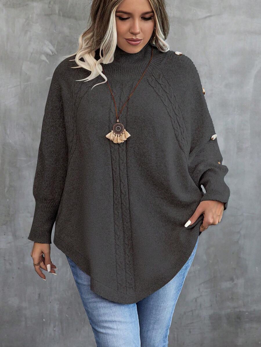 Calvaya Women's Plus Size Button Decorated Turtleneck Sweater Knit Pullover Fall Winter Autumn - Black - View 1
