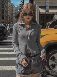 DAZY Women's Collared Zip-Up Cardigan,Long Sleeve Tops,Fall Women Clothes Jacket - Grey - View 7