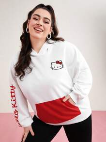 HELLO KITTY AND FRIENDS | SHEIN Plus Cat Print Color Block Pocket Hoodie