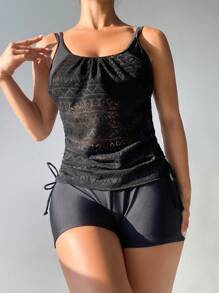 Swim Lushoire Women's Solid Color Lace Splice Drawstring Tankini Carnival Summer